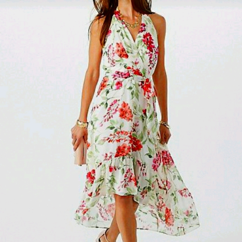 Roz & Ali Cream floral high low dress. Size 14